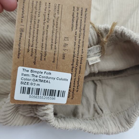The Simple Folk The Corduroy Culottes in Oatmeal Size 0/3 Months - Picture 7 of 8